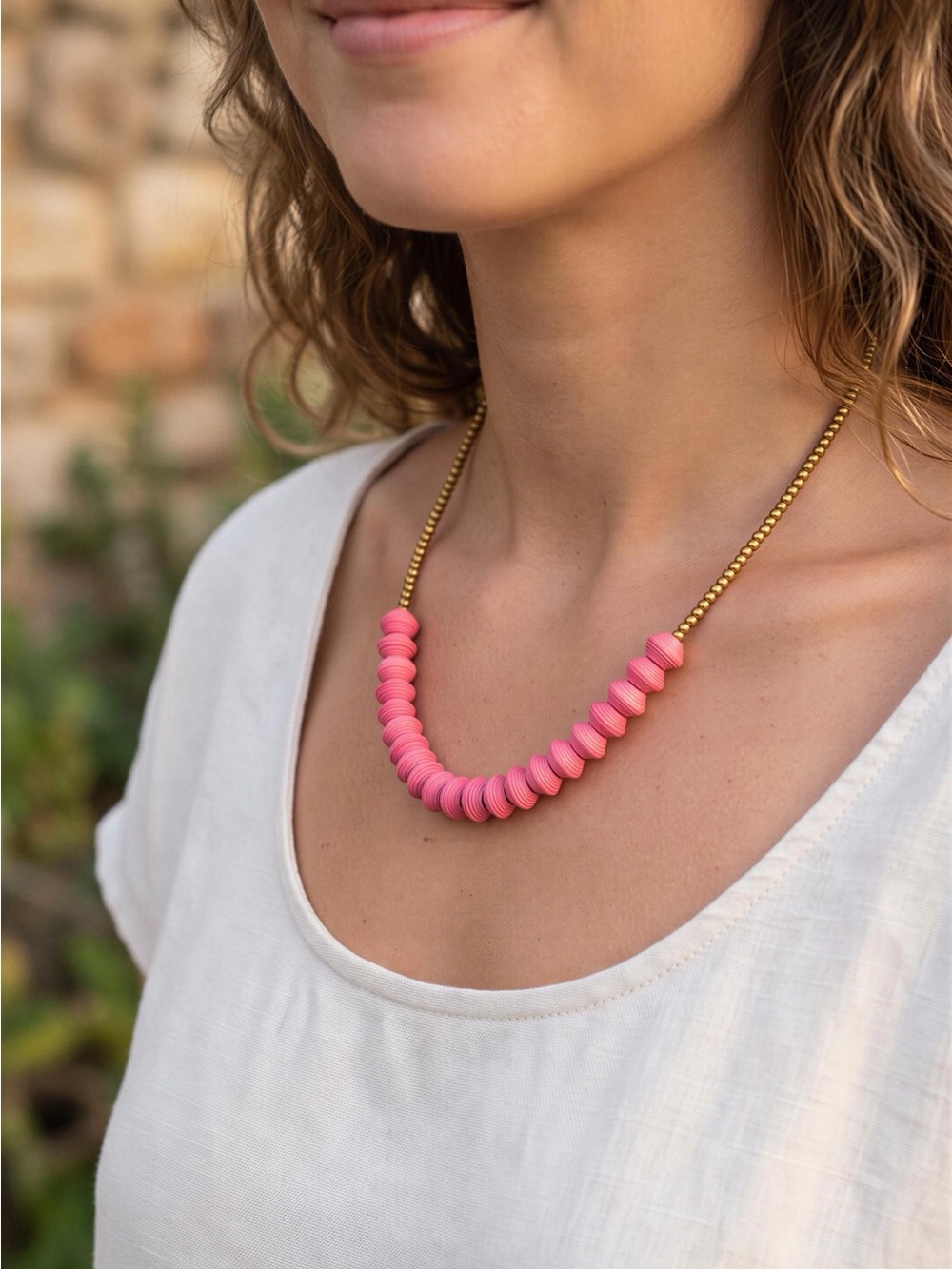 Handmade 22” Pink Paper Bead and Gold-Tone Necklace “Mercy House”
